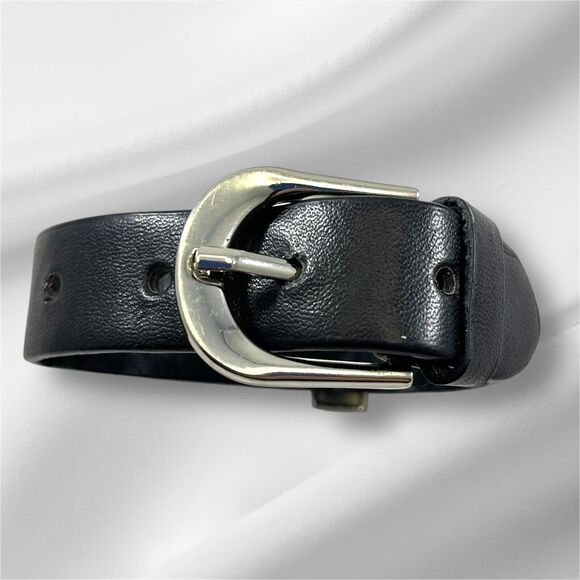 Black Leather Belt Style Bracelet Silvertone Cross Clear Rhinestones Vintage 9” - Picture 3 of 6